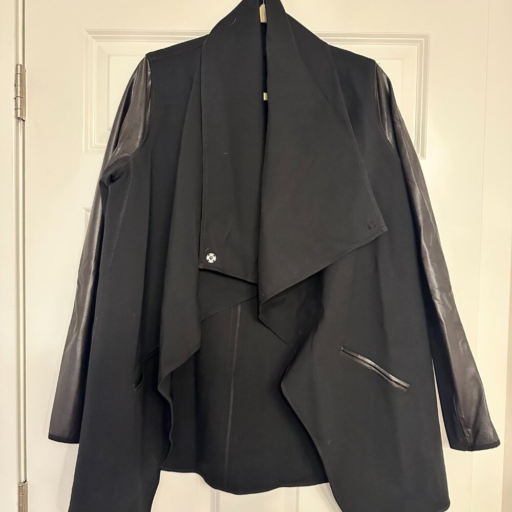 SPANX Drape Front Jacket Black Ponte Faux Leather Wrap